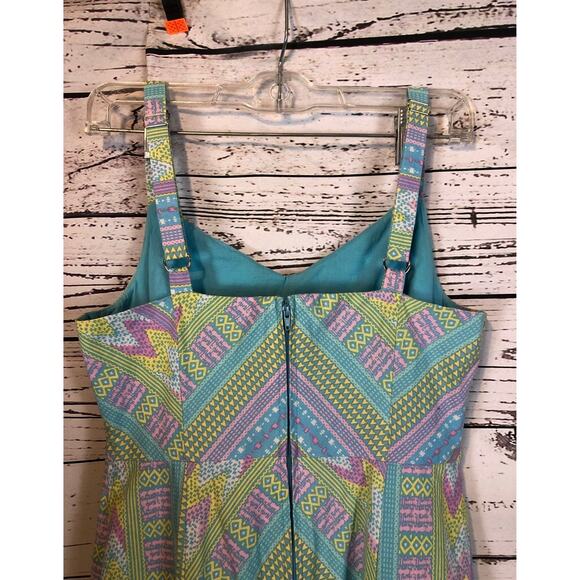 Modcloth fit and flare sleeveless dress blue, pink & green size medium - Picture 10 of 12